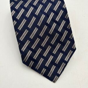 Calvin Klein Collection Mens Silk Tie Navy Silver Geometric Basketweave Italy